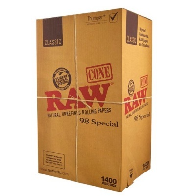 Caixa de papel para enrolar RAW Classic Cone 98 Special castanha com texto vermelho e preto