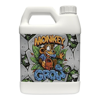 Frasco branco com etiqueta de macaco animado e texto MONKEY GROW