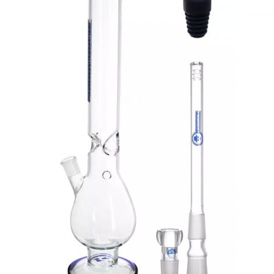 Bong de vidro transparente com detalhes azuis e acessórios