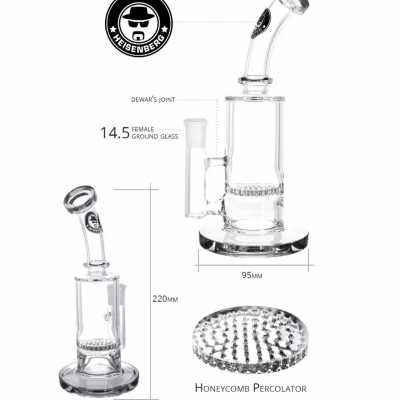 Bong de vidro transparente com percolador colmeia e logo Heisenberg