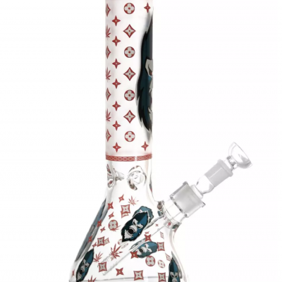 Cachimbo de água de vidro transparente com padrão decorativo vermelho e preto