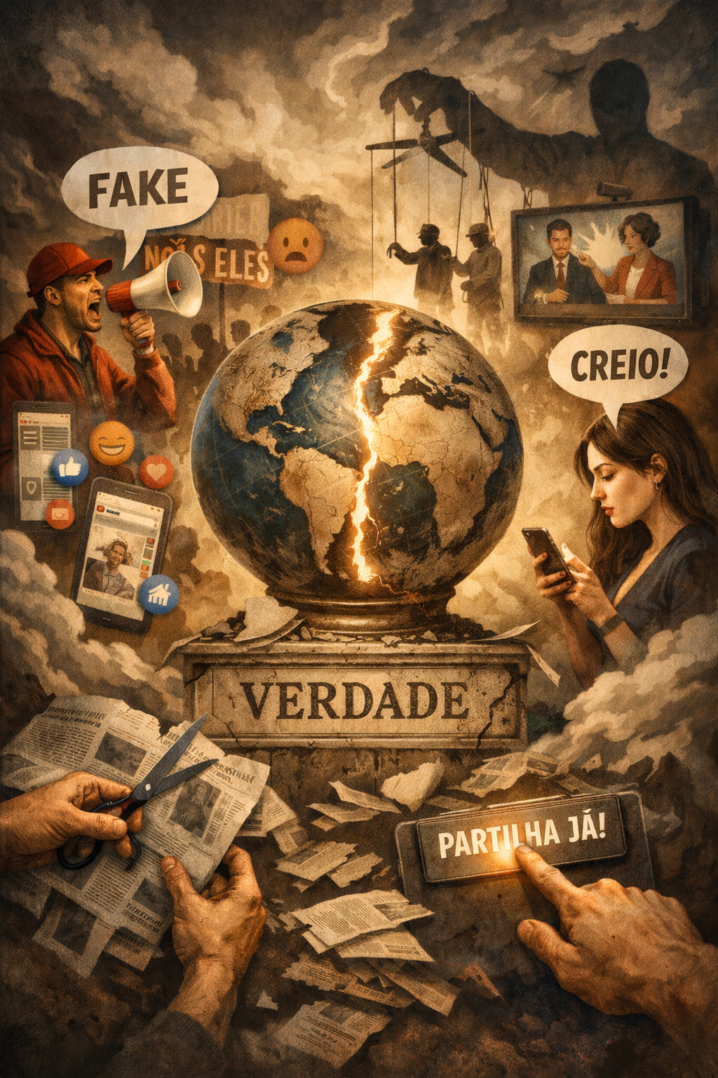 Ilustração com globo rachado e texto VERDADE em pedestal, pessoas com discursos FAKE e CREIO!, e botão PARTILHA JÁ!
