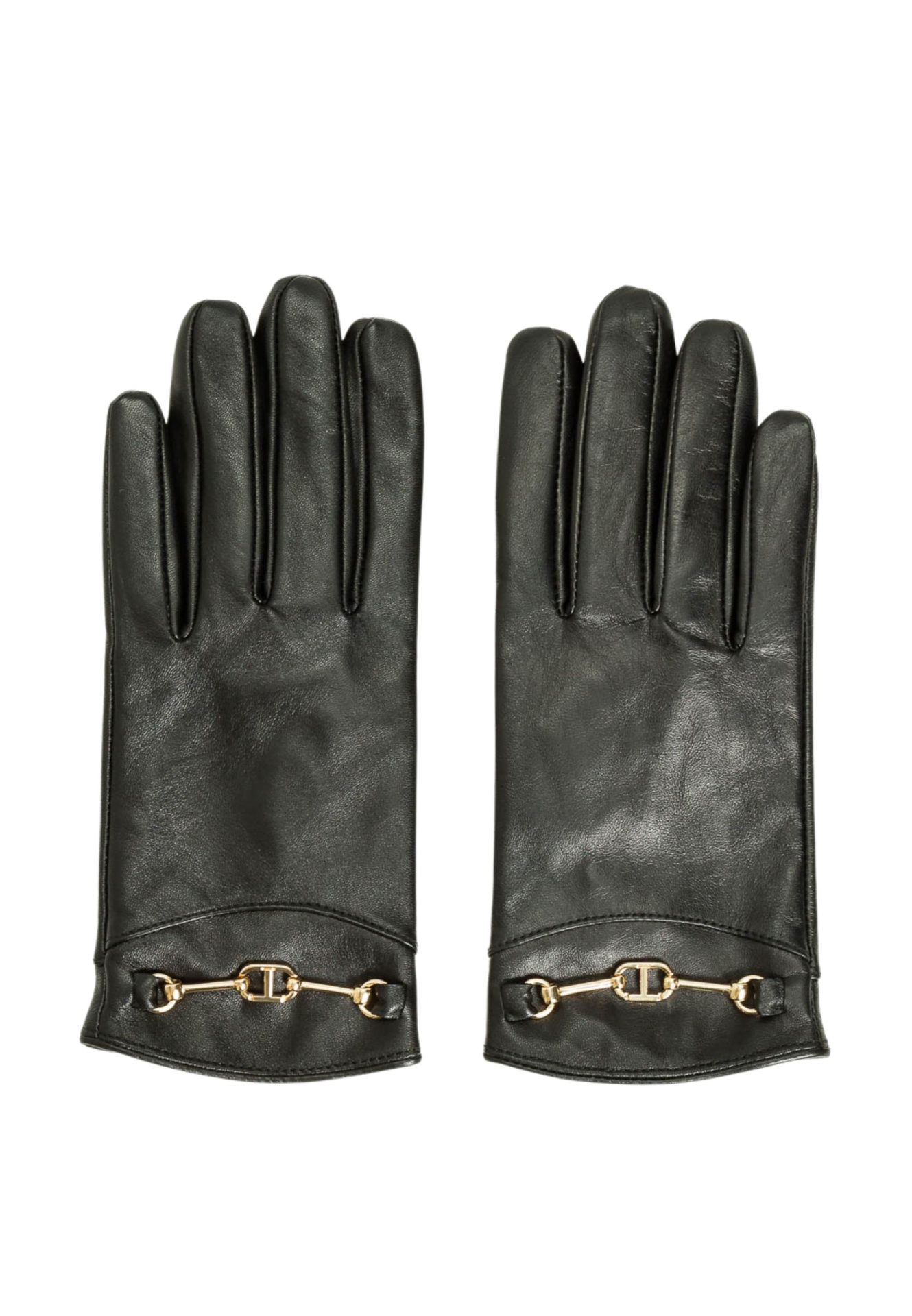 Black faux-leather gloves with gold detail