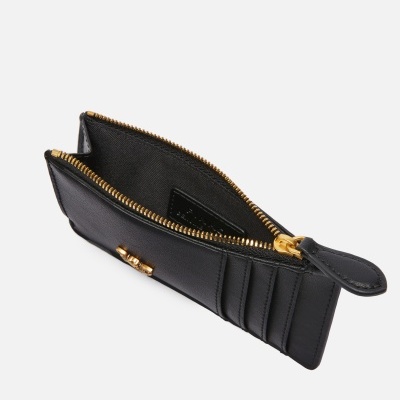 Carteira preta de couro com fecho de correr dourado