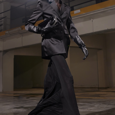 Black satin mini dress with open back