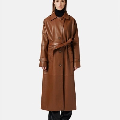 Cognac Brown Leather Trench Coat