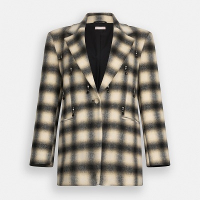 Blazer feminino xadrez bege preto e branco com pedrarias e um botão