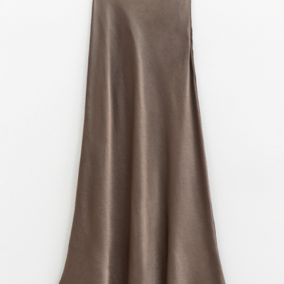 Satin Midi Skirt in Taupe Grey