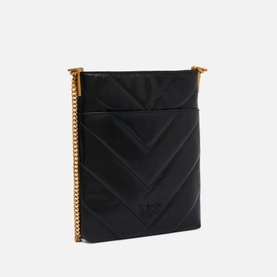 Small flat shoulder pouch in chevron-patterned leather