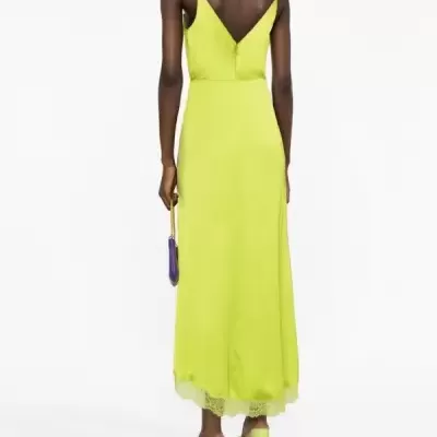 Lime Satin Slip Dress with Lace Trim