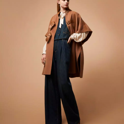 Camel Wool Cape with Faux Leather Details