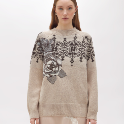 JACQUARD WOOL SWEATER WITH LACE