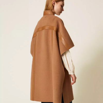 Camel Wool Cape with Faux Leather Details
