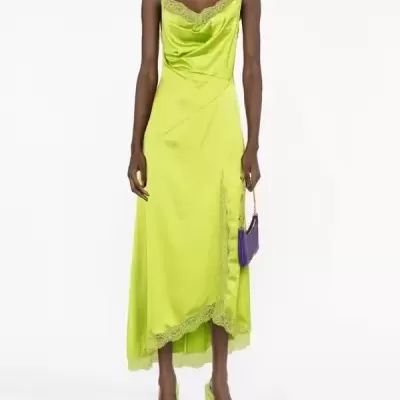 Lime Satin Slip Dress with Lace Trim