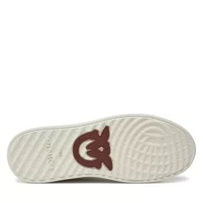 Sola de sapato branca com aves castanhas em relevo e texto PINKO