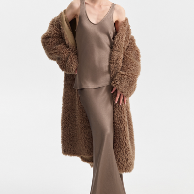 Satin Midi Skirt in Taupe Grey