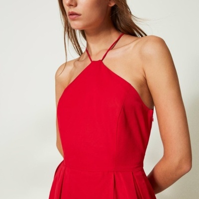 Red taffeta halter gown