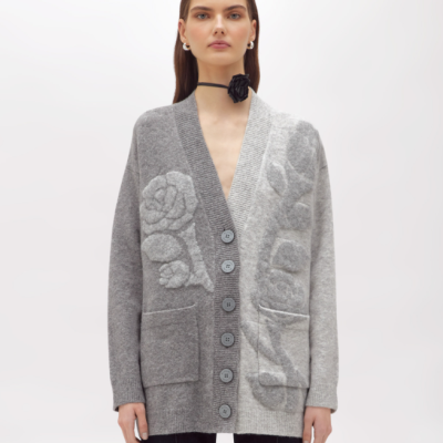 Jacquard Cardigan With Rose Intarsia