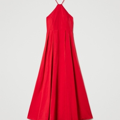 Red taffeta halter gown