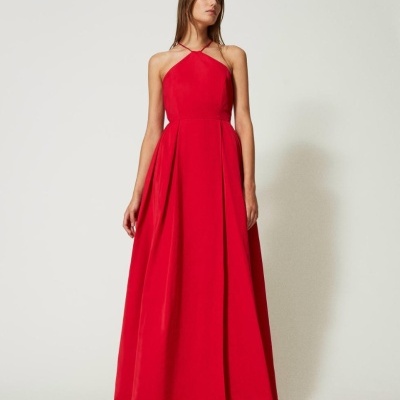 Red taffeta halter gown