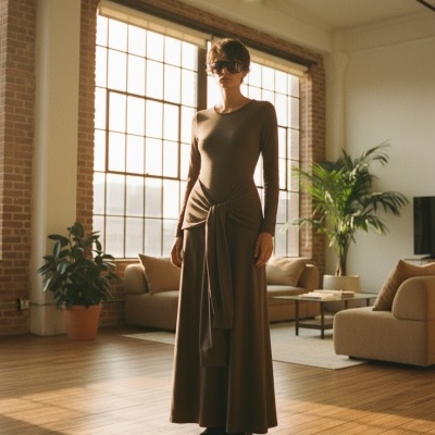 Vestido comprido castanho com mangas compridas e detalhe na cintura num espaço interior moderno