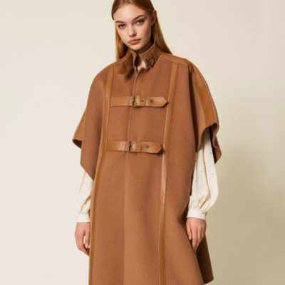Camel Wool Cape with Faux Leather Details