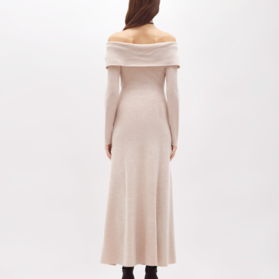 Off-shoulder Wool Dress With Brooch