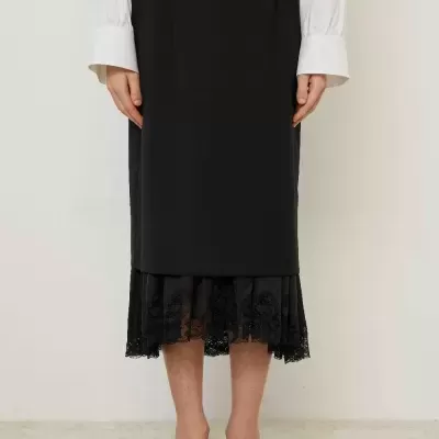 Midi Wool Skirt with Lace Hem
