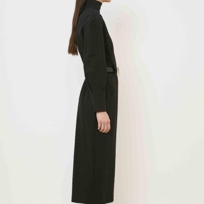 Black high-neck midi dress.