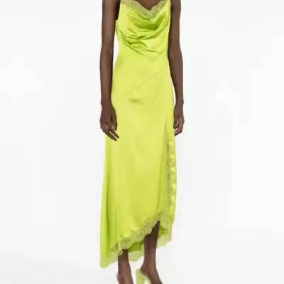 Lime Satin Slip Dress with Lace Trim