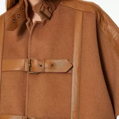 Camel Wool Cape with Faux Leather Details