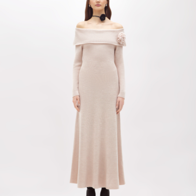 Off-shoulder Wool Dress With Brooch