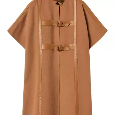 Camel Wool Cape with Faux Leather Details