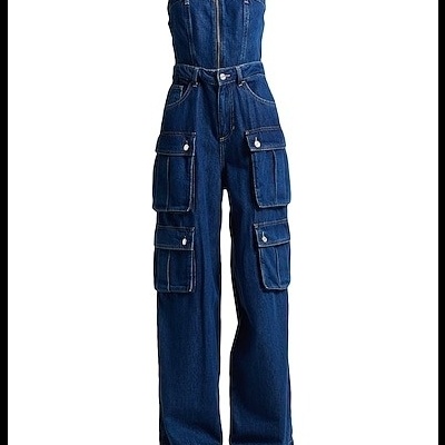 Macacão de ganga azul escuro com vários bolsos e fecho de botão