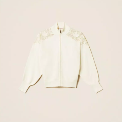 Lace-detail zip-up knit jacket