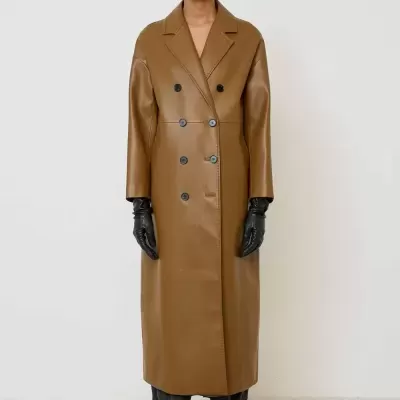 Camel faux leather double-breasted coat