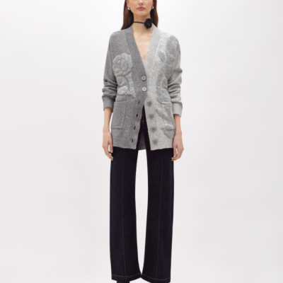 Jacquard Cardigan With Rose Intarsia