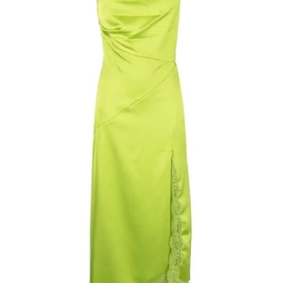 Lime Satin Slip Dress with Lace Trim