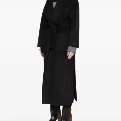 Black wool-blend belted coat