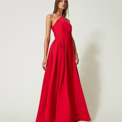 Red taffeta halter gown