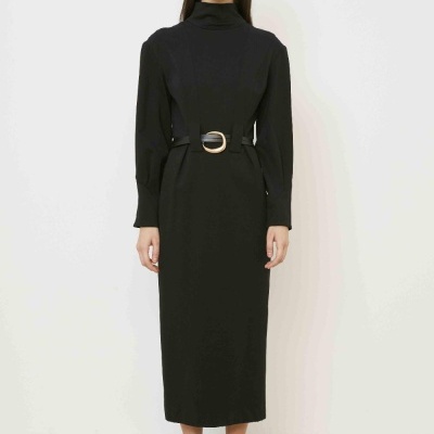 Black high-neck midi dress.