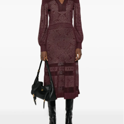 V-neck Jacquard Knit Maxi Dress