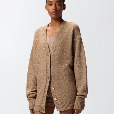 Bouclé fabric cardigan with rhinestones