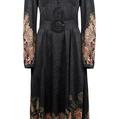 Floral Jacquard Midi Dress with Belt