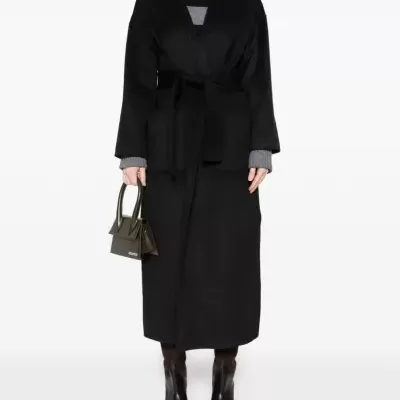 Black wool-blend belted coat