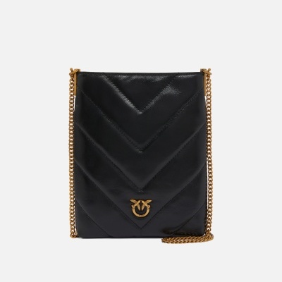 Small flat shoulder pouch in chevron-patterned leather