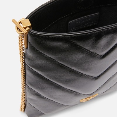 Small flat shoulder pouch in chevron-patterned leather