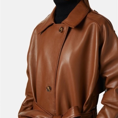 Cognac Brown Leather Trench Coat
