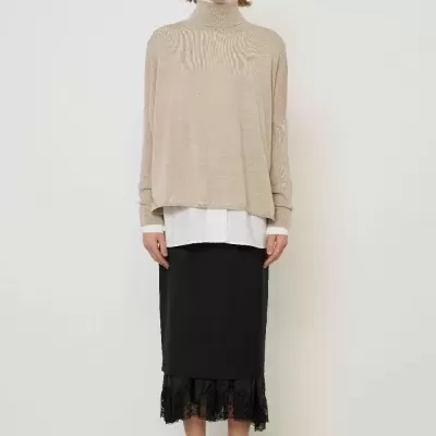 Midi Wool Skirt with Lace Hem