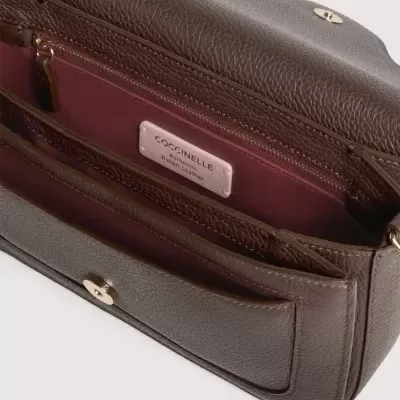 Carteira ou mala castanha de pele com interior vinho e etiqueta interior COCCINELLE
